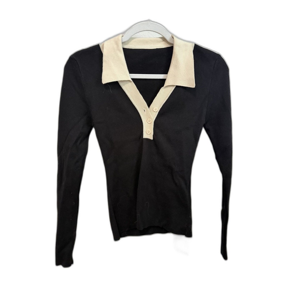 COMMENSE Contrast Collar Ribbed Knit Top Womens S Black Ivory Polo NEW WITH TAGS - Picture 2 of 5